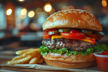 Close-up image of classic American-style cheeseburger with a side of golden french fries and small bowl of ketchup.  - Powered by Adobe