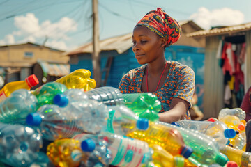 A young woman in a colorful traditional dress and headwrap sorting a pile of plastic bottles.