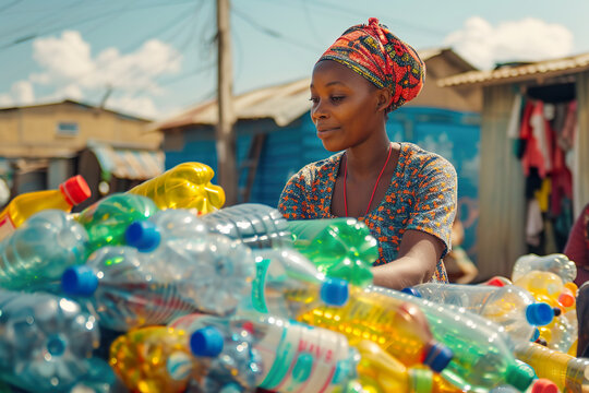 A young woman in a colorful traditional dress and headwrap sorting a pile of plastic bottles. - Powered by Adobe