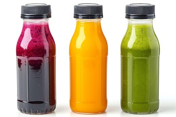 Discover the essence of freshness and variety with a trio of fruit juice bottles featuring sleek black caps, label-free to showcase the vibrant fruit blends inside, set against a crisp white backgroun