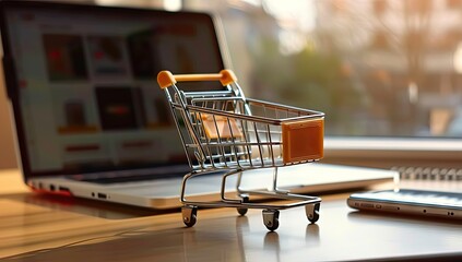 Small shopping cart filled with parcel boxes symbolizing ease and convenience of online shopping beside laptop on table within home represents connection between digital commerce and physical delivery - Powered by Adobe