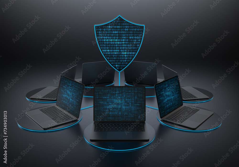 Aufkleber laptop devices in circular arrangement connected to a digital shield for protection on a dark backgr