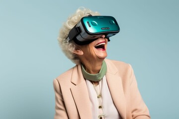 AI generated illustration of an elderly woman wearing virtual reality glasses with amusement