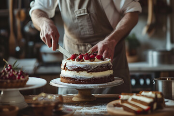 Chef preparing whipped cream cake - obrazy, fototapety, plakaty