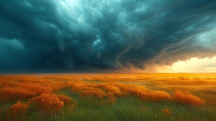 Naklejka na ściany i meble Dramatic Storm Clouds Over a Prairie: Dark and dramatic storm clouds gathering over a vast prairie, creating a powerful and atmospheric landscape.