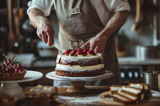 Chef preparing whipped cream cake