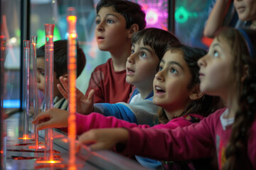 A group of cheerful students observing the chemical reaction in the flask with excited and surprised looks on their faces