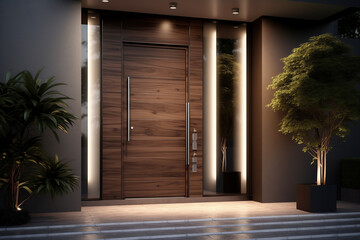 house entrance with exclusive wooden brown doors, doors illuminated, in the evening - 734903436