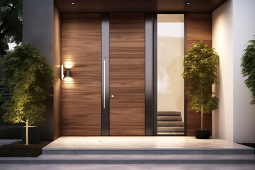 house entrance with exclusive wooden brown doors, doors illuminated, in the evening
- 734903681