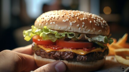 a burger with cheese, lettuce and tomato on it