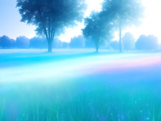 A foggy meadow in the morning. The grass is green and lush, and the fog is thick and white