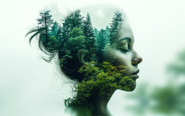 Surreal double exposure portrait blending a human profile with a forest landscape, representing the connection between mind, nature, and the concept of human as part of the environment