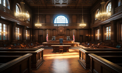 Elegant and traditional wooden courtroom interior with judge's bench, witness stand, and American flag symbolizing justice and legal proceedings