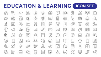 "Education line icon collection..Contains knowledge, college, task list, design, training, idea, .teacher, file, graduation hat, institute, ruler, and telescope..Education set of web icons in style. "