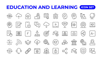 Education line icon collection.Contains knowledge, college, task list, design, training, idea, teacher, file, graduation hat, institute, ruler, and telescope.