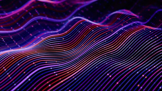 Glowing lines with flashing dots on the surface of waves. Abstract concept of data transfer, artificial intelligence, big data analysis. Vivid sound waves flow on black background, 4K looped video