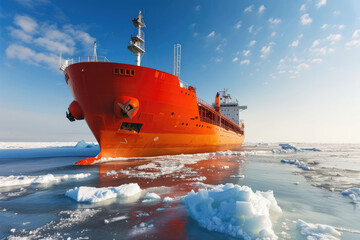 Large Cargo icebreaker sails in ice-cold ocean - obrazy, fototapety, plakaty