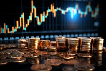 Financial growth visualization Coin stack rises amid stock market chart