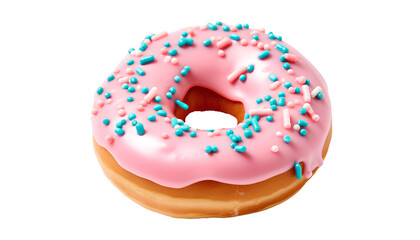 donut png. donut top view png. donut with pink glaze and sprinkles on top isolated. donut flat lay png. tasty donut dessert