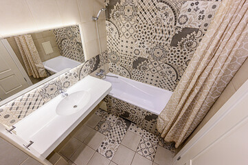 interior apartment room bathroom, sink, decorative elements, toilet. WC, sanitary unit, wash room