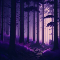 AI generated illustration of a beautiful lush forest under a purple sky