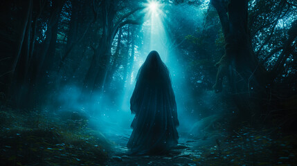 Mysterious Figure in Enchanted Forest Scene