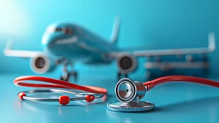 Foto op Aluminium An airplane model on a suitcase and a red stethoscope on a blue background depict a medical tourism and travel insurance concept. © Zaleman