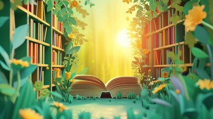 Cute paper cut style illustration of world book day. Library with many books to search for education