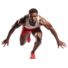 Sprinter Leaving Starting Blocks on Running Track isolated on white and transparent background. Ideal for use in advertising. Generative ai