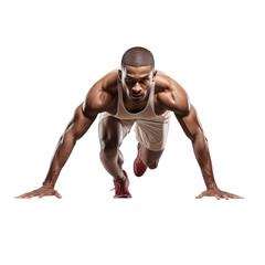 Man Sprinter Leaving Starting Blocks on Running Track isolated on white and transparent background. Ideal for use in advertising. Generative ai