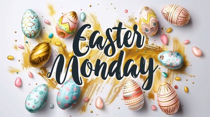 Typography: Happy Easter Monday trendy design with hand drawn strokes and dots, eggs, bunny ears, spring flowers in pastel colors. Modern minimalist style.