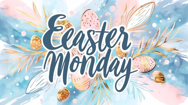 Typography: Happy Easter Monday trendy design with hand drawn strokes and dots, eggs, bunny ears, spring flowers in pastel colors. Modern minimalist style.