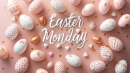 Typography: Happy Easter Monday trendy design with hand drawn strokes and dots, eggs, bunny ears, spring flowers in pastel colors. Modern minimalist style.