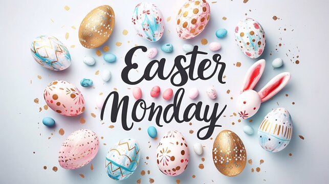 Typography: Happy Easter Monday trendy design with hand drawn strokes and dots, eggs, bunny ears, spring flowers in pastel colors. Modern minimalist style.