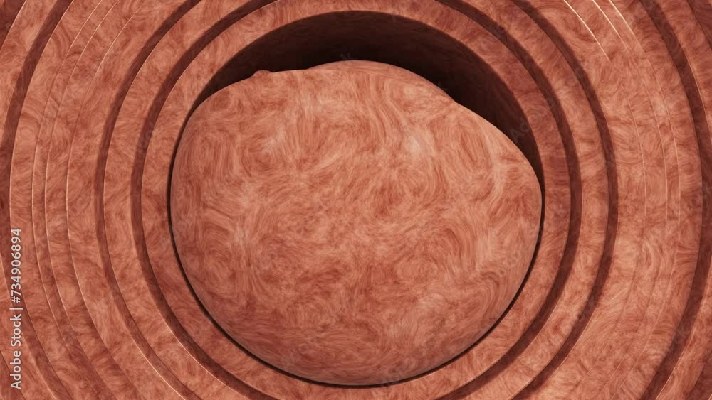 Poster realistic looping 3d animation of the polished wood sphere inside of two hemispheres surrounded by m