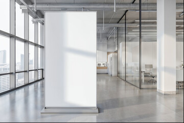 Blank Rollup Banner Mockup in Modern Office Interior with City View