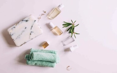 Fototapeta na wymiar Female skin and body care cosmetic products set flatlay. Overhead, minimalism, beauty blogging concept