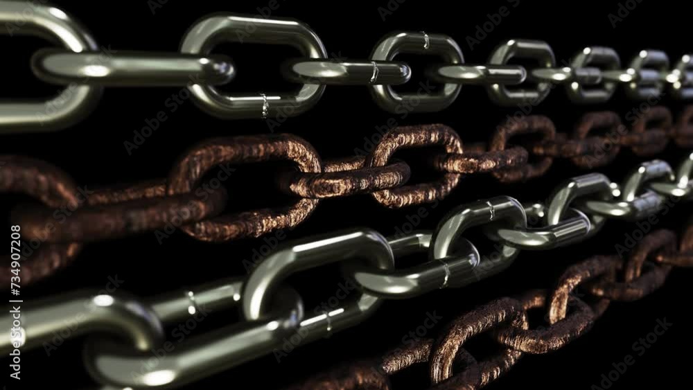Aufkleber realistic looping 3d animation of the opposite moving titanium and rusty aged steel chains rendered 