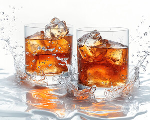 Two glasses of clear amber-colored drink with ice on a white background. - Powered by Adobe