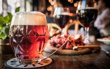 Glass of red beer in pub or restaurant on table with delicoius food.