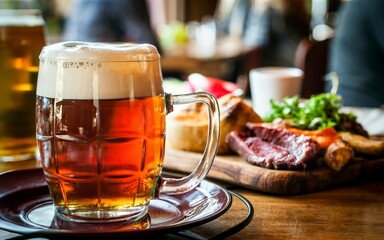 Glass of red beer in pub or restaurant on table with delicoius food.