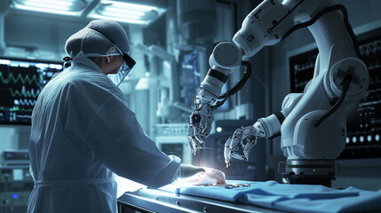 A robotic arm performing a precise medical procedure with the assistance of a surgeon in a modern operating room.