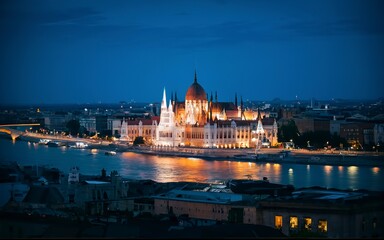 illuminated building of the National Hungarian Parliament at night