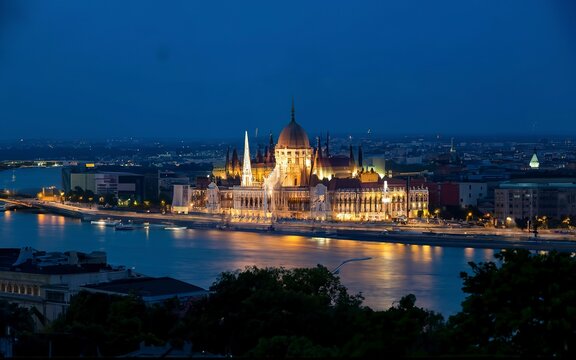 illuminated building of the National Hungarian Parliament at night