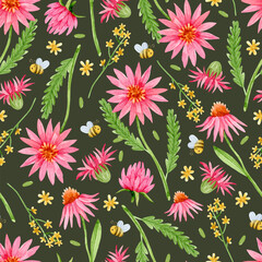 Watercolor pink coneflowers, clovers and bees seamless pattern on dark background - obrazy, fototapety, plakaty