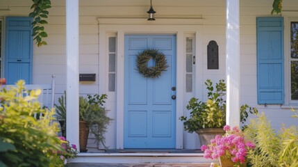 Fototapeta na wymiar bright, inviting home entrance with soft pop colored door and decor