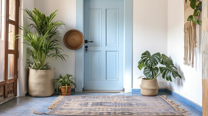 Home entrance welcoming with door and decor in soft pop colors