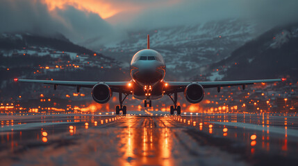 front view of a beautiful airplane just taking off at dusk against the background of beautiful rocky snow-capped mountains and a well-lit runway - obrazy, fototapety, plakaty