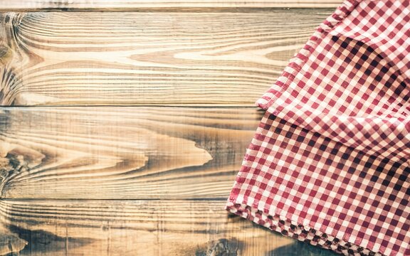 Kitchen cloth on wood table with copy space - Vintage Filter