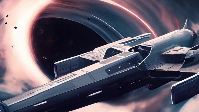 An advanced spaceship is depicted traveling at near-light speed against the backdrop of a spiraling warp space.
